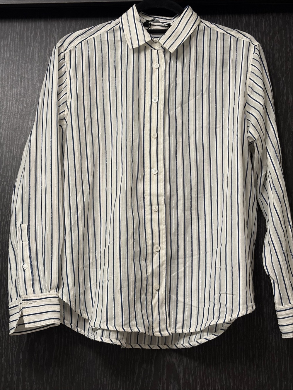 Zara White Button-Down Shirt with Navy Pinstripes